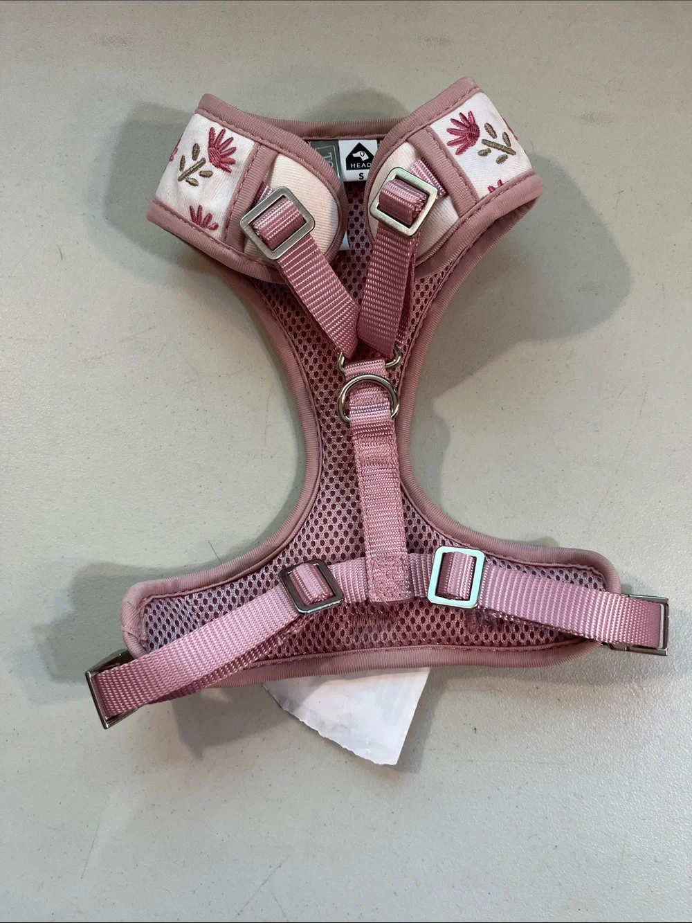 Pink Floral Embroidered Dog Harness with Soft Padded Straps